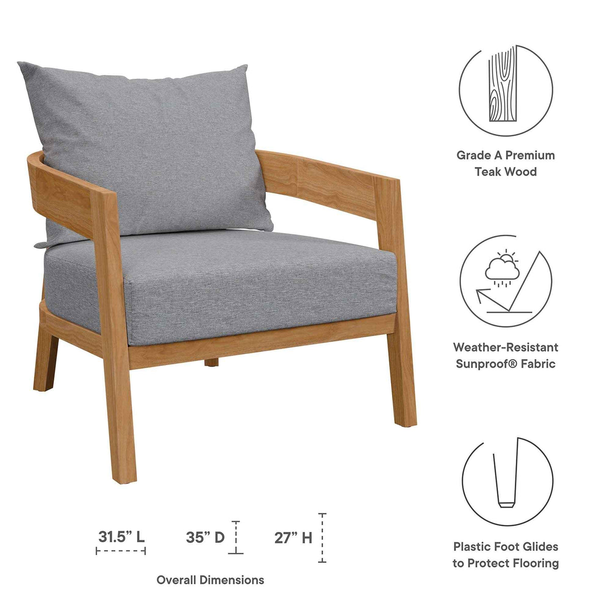 Modway Brisbane Outdoor Patio Set - 3-Piece Grey Teak Furniture for Stylish Patios