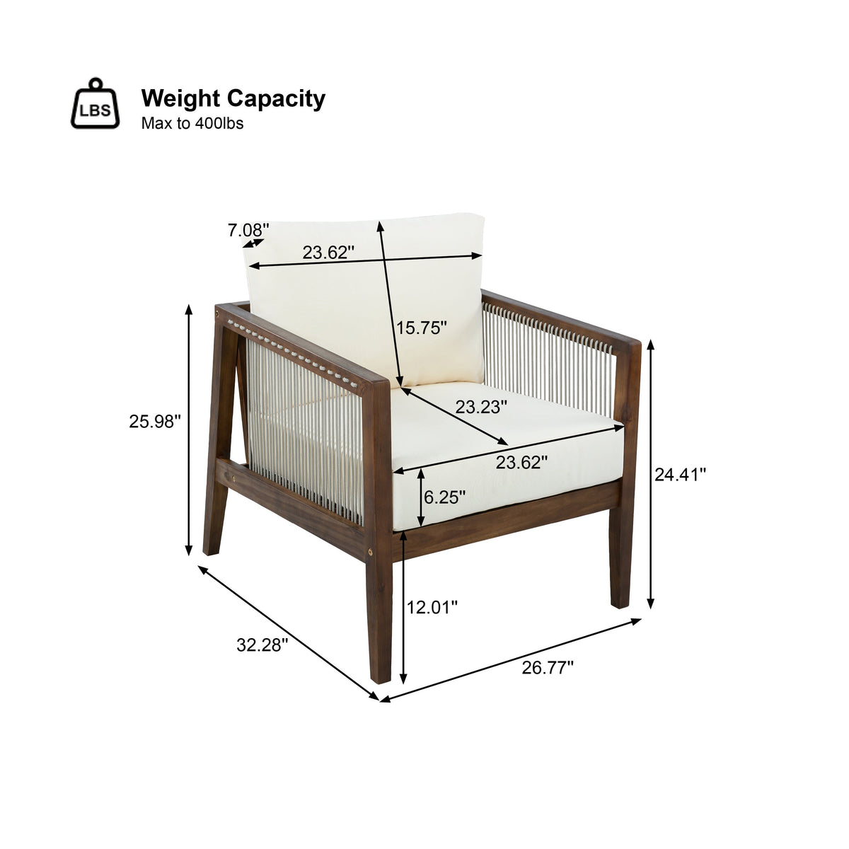 Outdoor Club Chair, Acacia Wood Frame with Rope Back